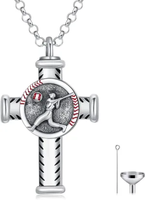 PROESS Sports Urn Necklace for Ashes Sterling Silver Sports Cremation Football Basketball Baseball Cross Pendant Jewelry for Women Men Sport Lover