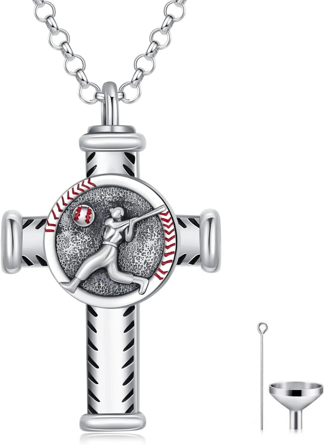 PROESS Sports Urn Necklace for Ashes Sterling Silver Sports Cremation Football Basketball Baseball Cross Pendant Jewelry for Women Men Sport Lover