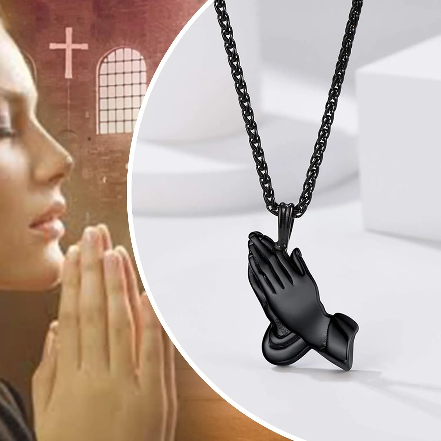 PROSTEEL Prayer Hands Black Chain Necklace for Men Praying Hands Stainless Steel Chains Black Jewelry