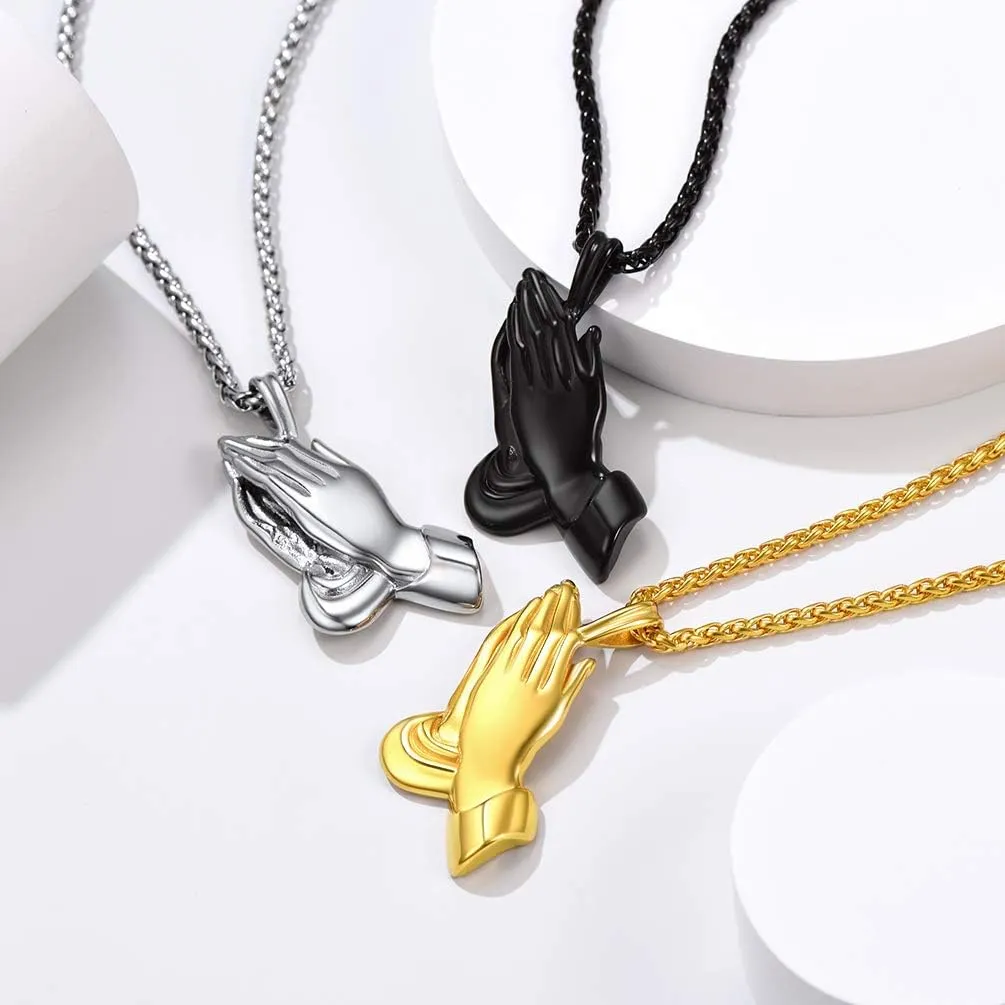 PROSTEEL Prayer Hands Black Chain Necklace for Men Praying Hands Stainless Steel Chains Black Jewelry