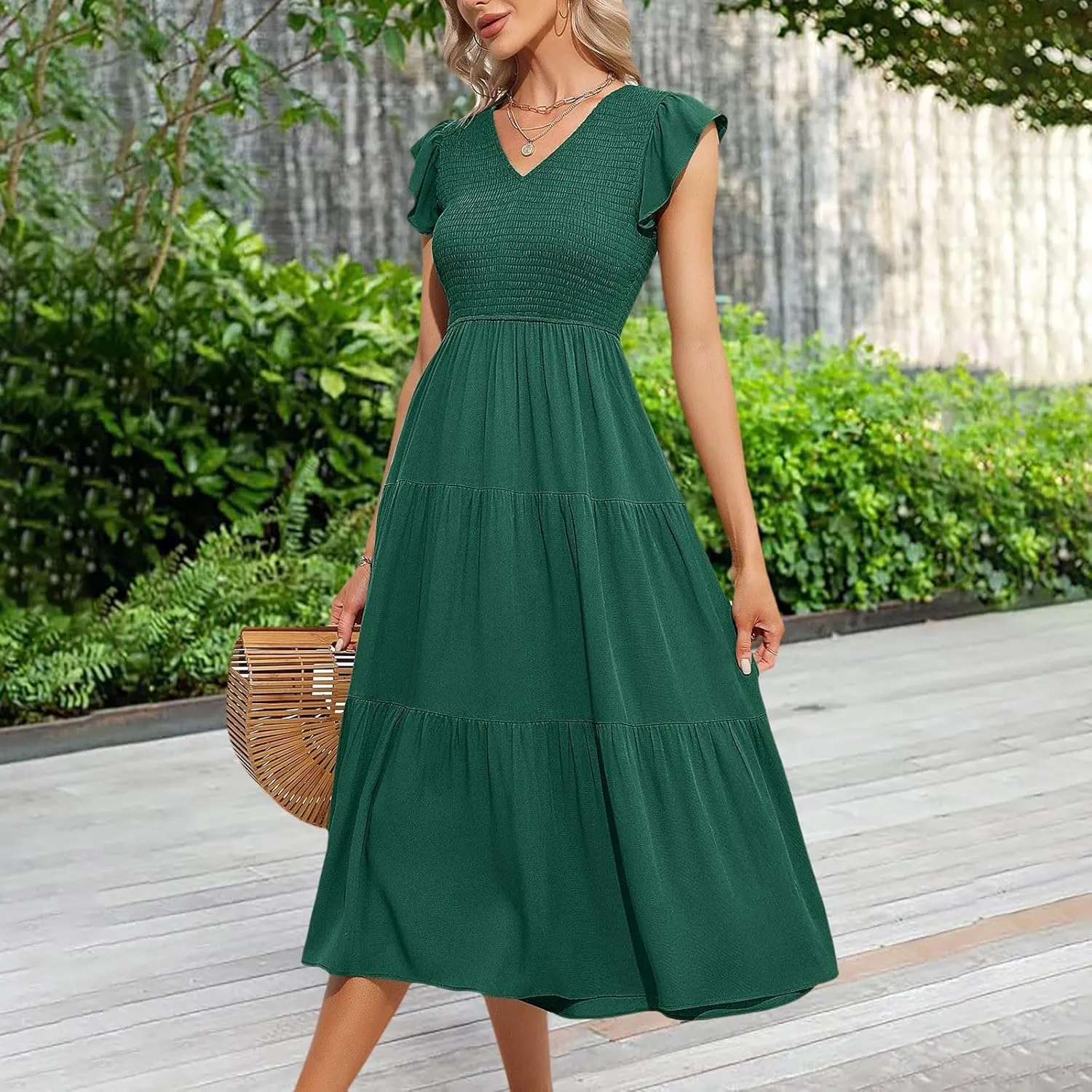 PTOLOCIF Flowy Dresses for Women, 2024 Summer Casual Boho Dresses Flutter Short Sleeve Crewneck Loose Tiered Beach Maxi Dress