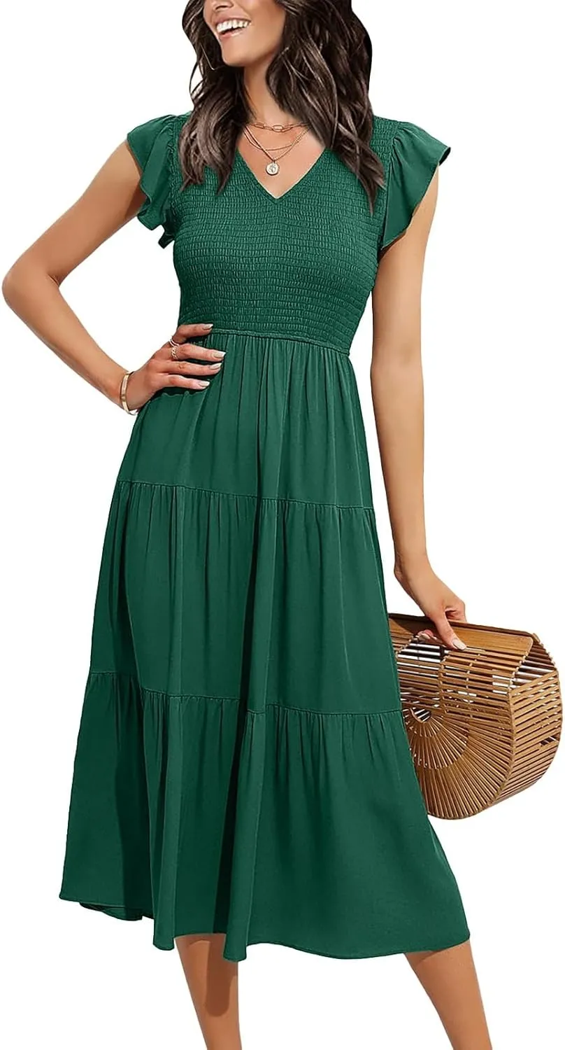 PTOLOCIF Flowy Dresses for Women, 2024 Summer Casual Boho Dresses Flutter Short Sleeve Crewneck Loose Tiered Beach Maxi Dress