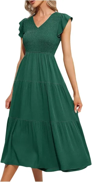 PTOLOCIF Flowy Dresses for Women, 2024 Summer Casual Boho Dresses Flutter Short Sleeve Crewneck Loose Tiered Beach Maxi Dress