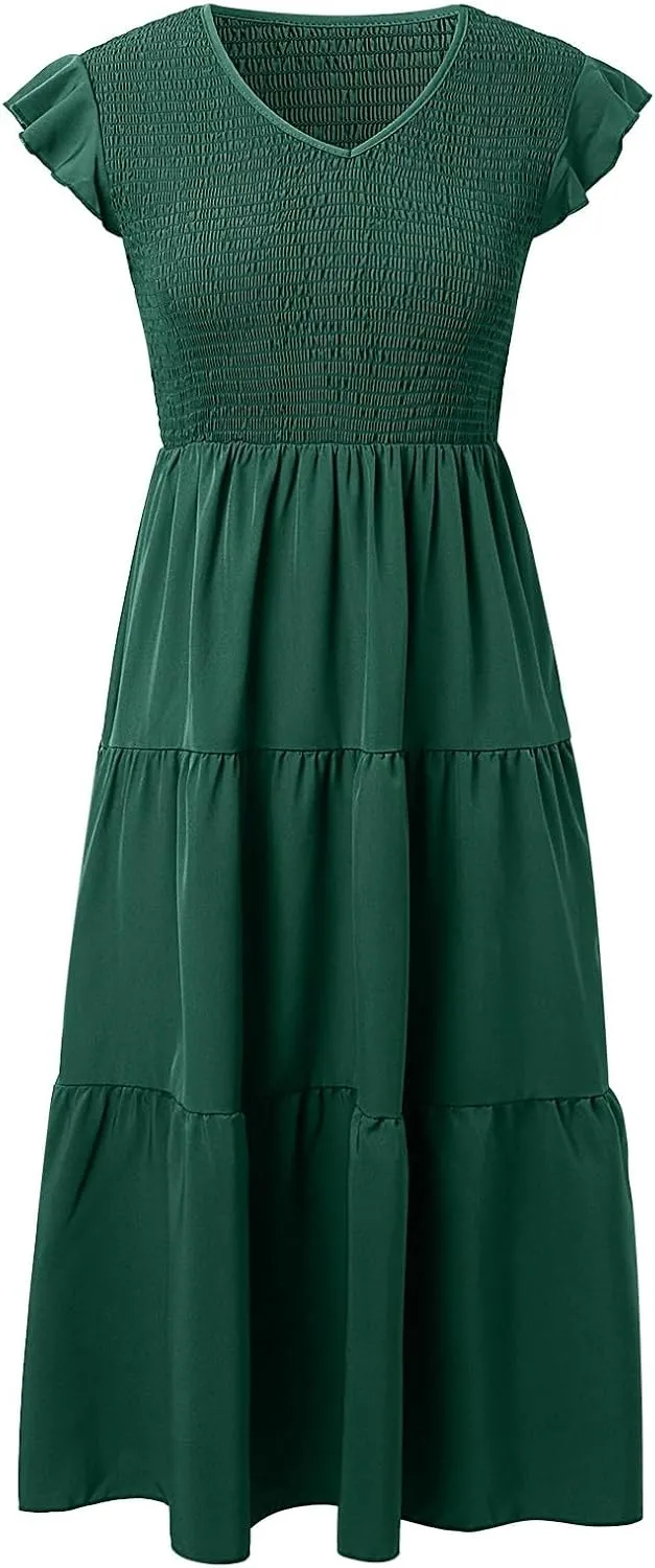 PTOLOCIF Flowy Dresses for Women, 2024 Summer Casual Boho Dresses Flutter Short Sleeve Crewneck Loose Tiered Beach Maxi Dress