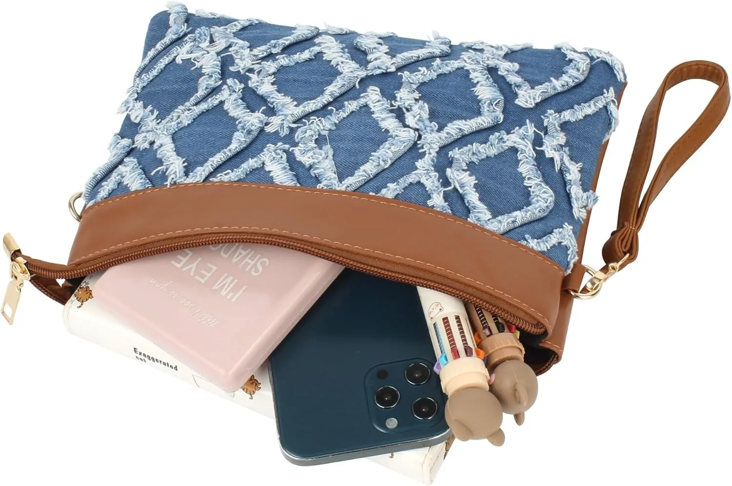 Pu Leather Clutch Handbag Rhombus Pattern Wristlet Women Distressed Denim Evening Purse