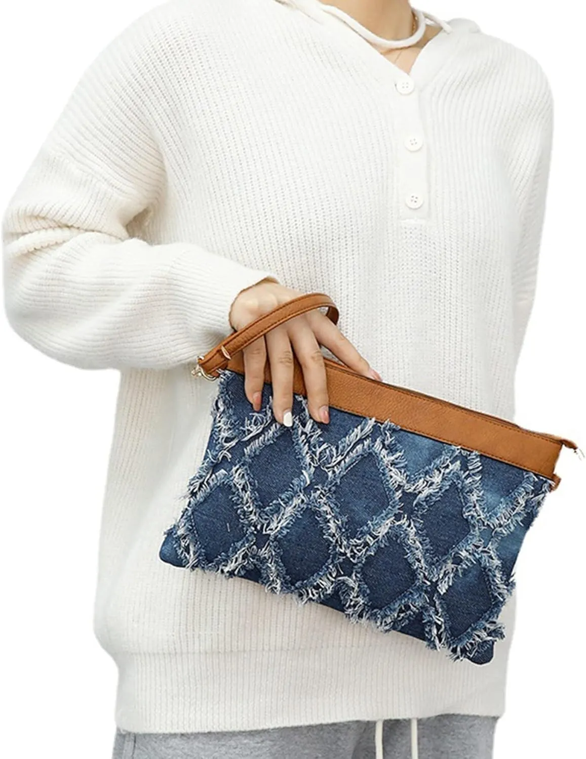 Pu Leather Clutch Handbag Rhombus Pattern Wristlet Women Distressed Denim Evening Purse