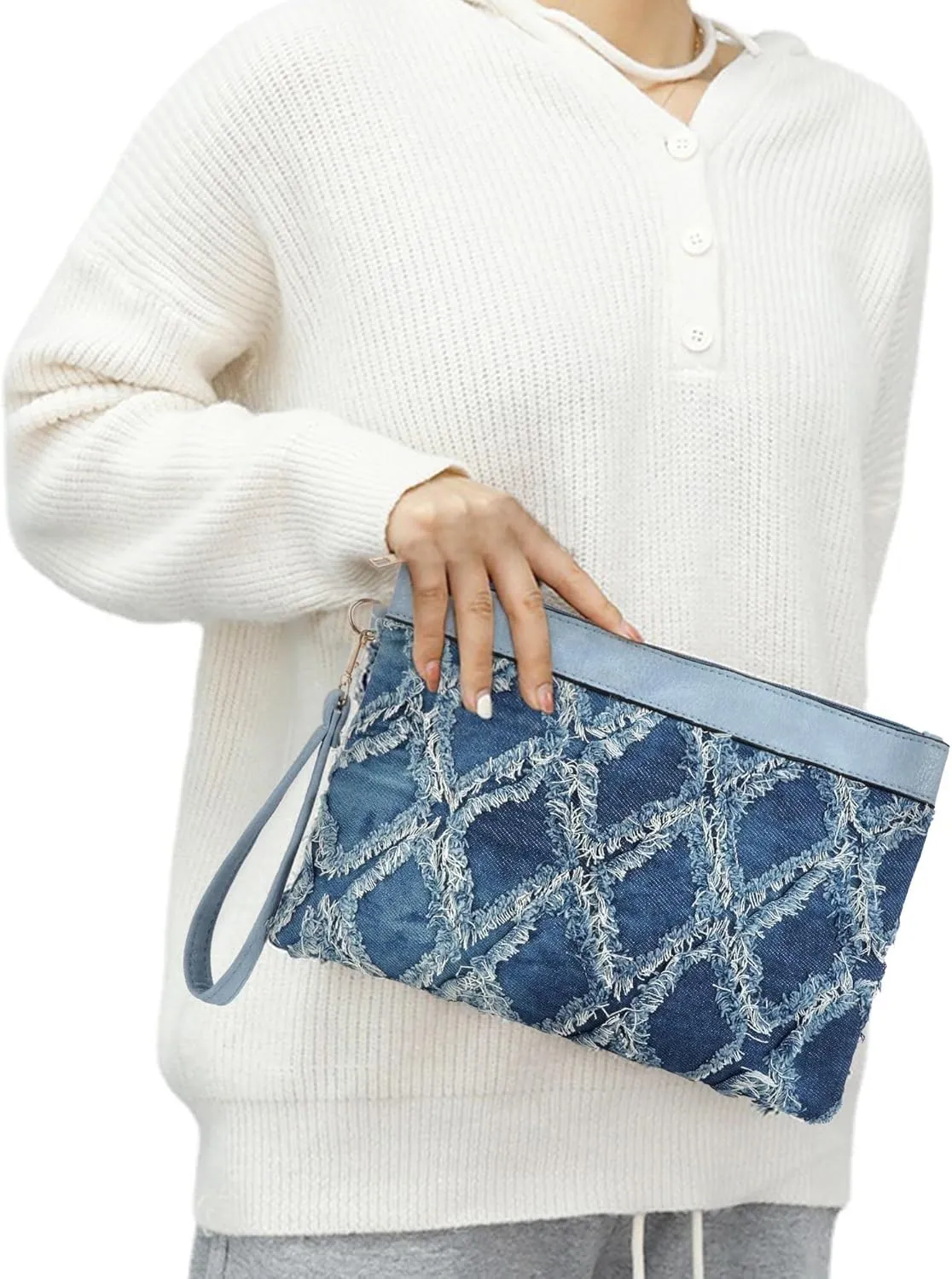 Pu Leather Clutch Handbag Rhombus Pattern Wristlet Women Distressed Denim Evening Purse