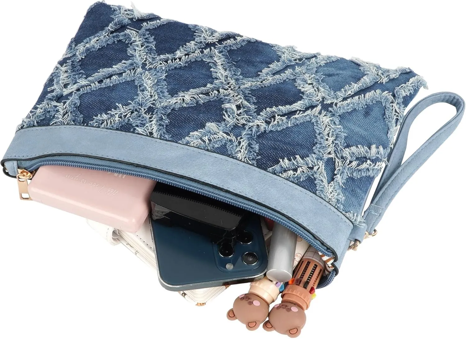 Pu Leather Clutch Handbag Rhombus Pattern Wristlet Women Distressed Denim Evening Purse
