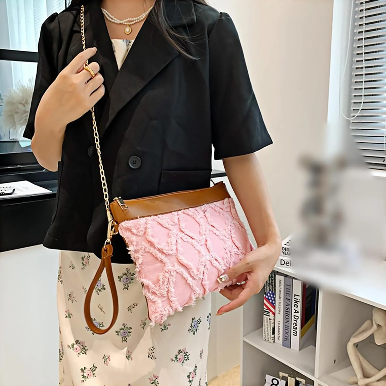 Pu Leather Clutch Handbag Rhombus Pattern Wristlet Women Distressed Denim Evening Purse