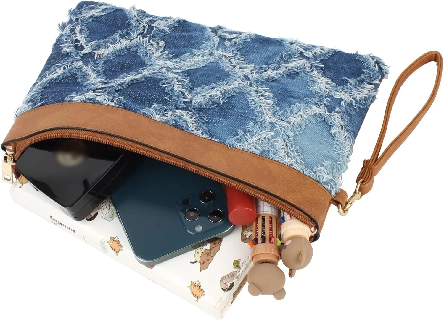 Pu Leather Clutch Handbag Rhombus Pattern Wristlet Women Distressed Denim Evening Purse
