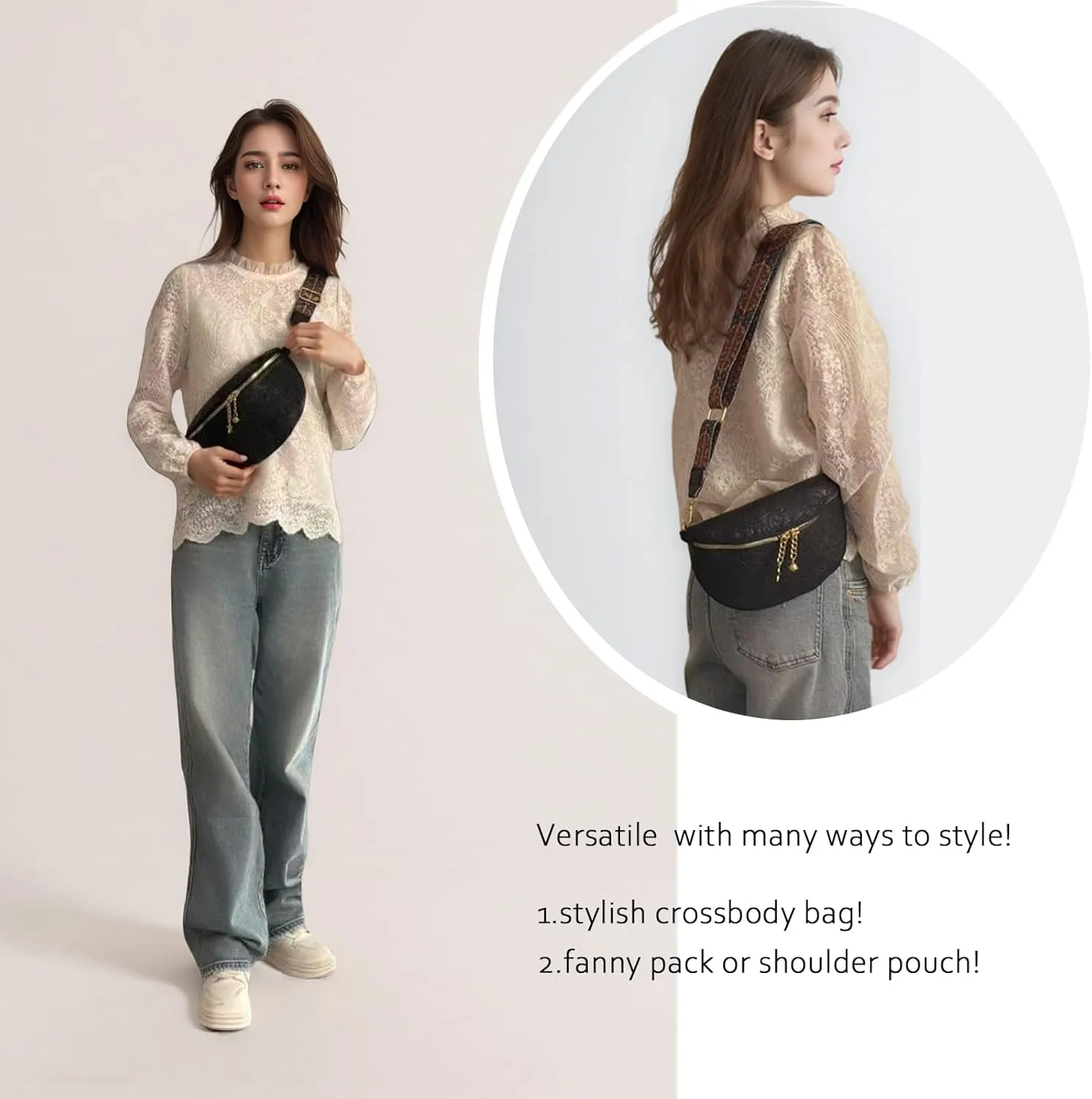 PU Leather Fanny Pack Crossbody Sling Bag for Women - Trendy Belt Bag with Adjustable Strap, Lightweight for Travel Daily Use (Embossed Black)