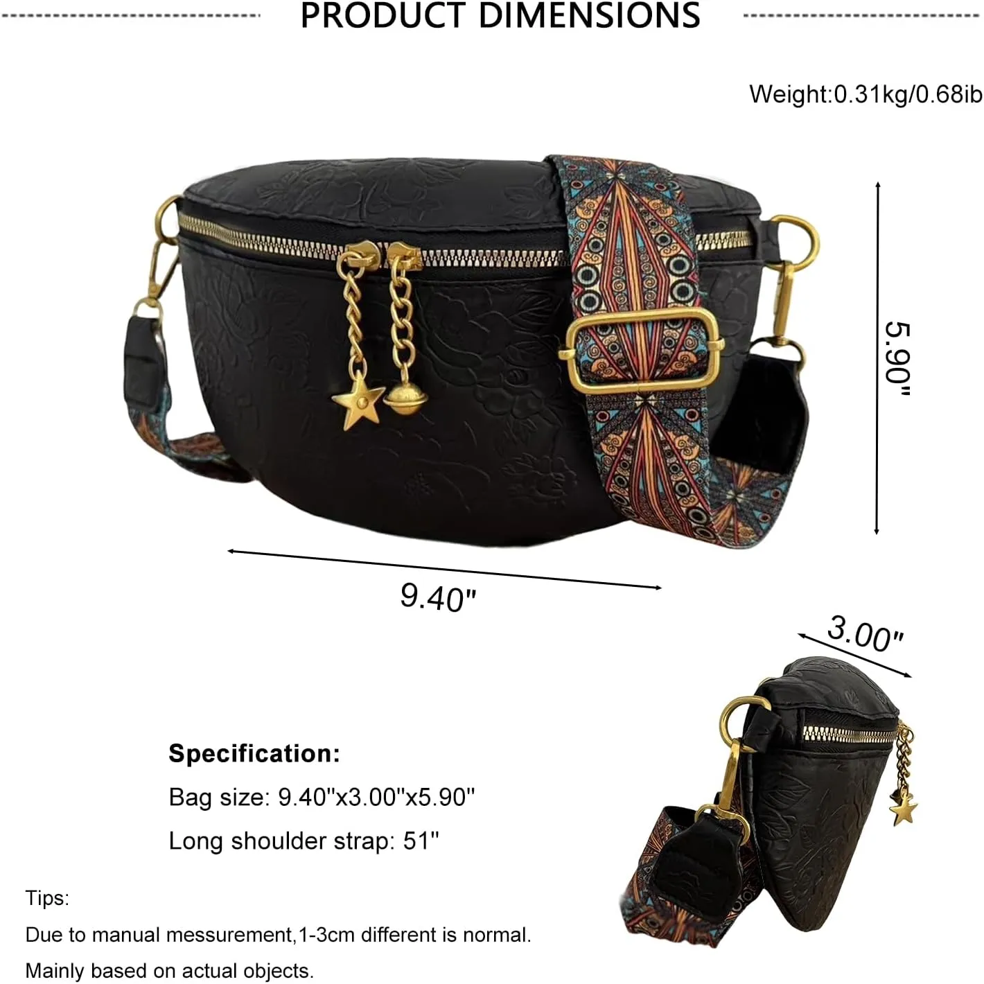 PU Leather Fanny Pack Crossbody Sling Bag for Women - Trendy Belt Bag with Adjustable Strap, Lightweight for Travel Daily Use (Embossed Black)
