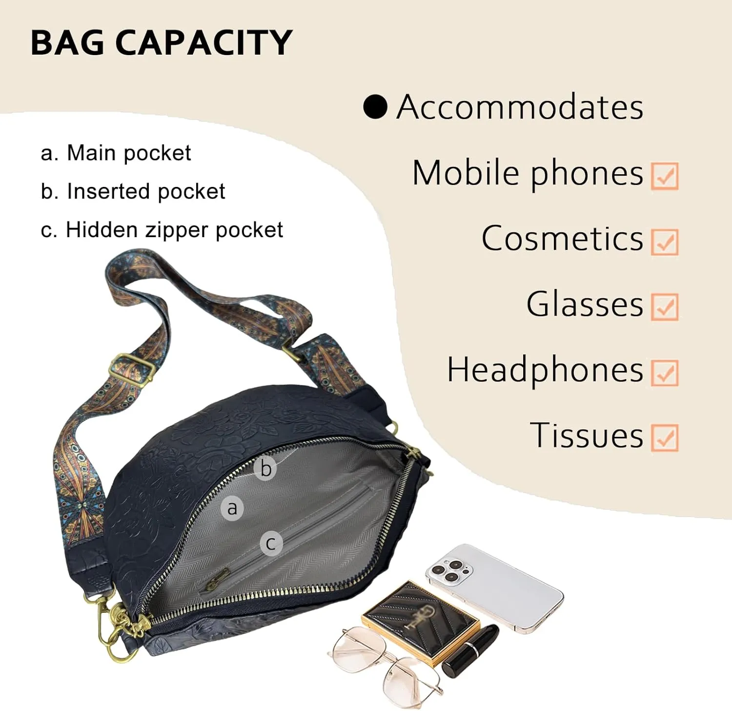 PU Leather Fanny Pack Crossbody Sling Bag for Women - Trendy Belt Bag with Adjustable Strap, Lightweight for Travel Daily Use (Embossed Black)