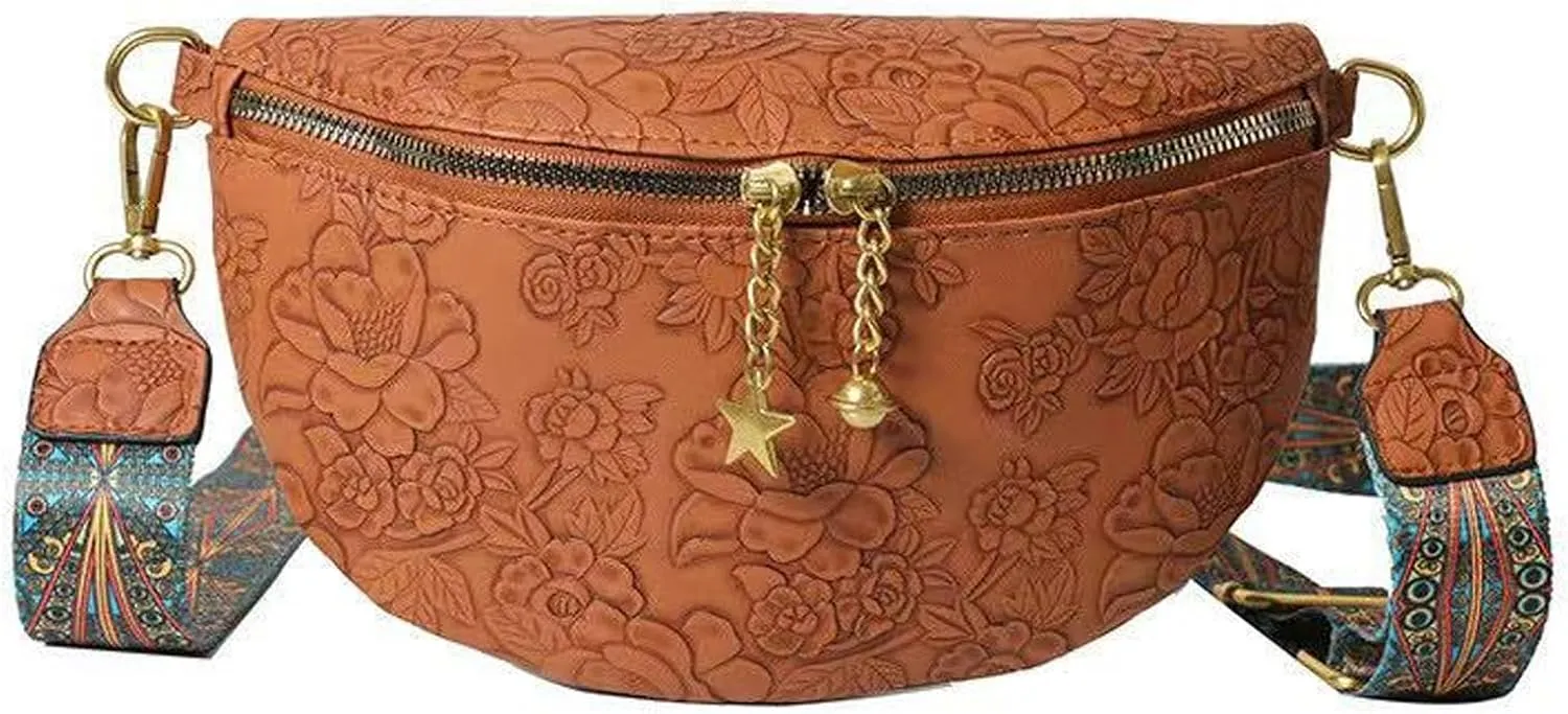 PU Leather Fanny Pack Crossbody Sling Bag for Women - Trendy Belt Bag with Adjustable Strap, Lightweight for Travel Daily Use (Embossed Brown)