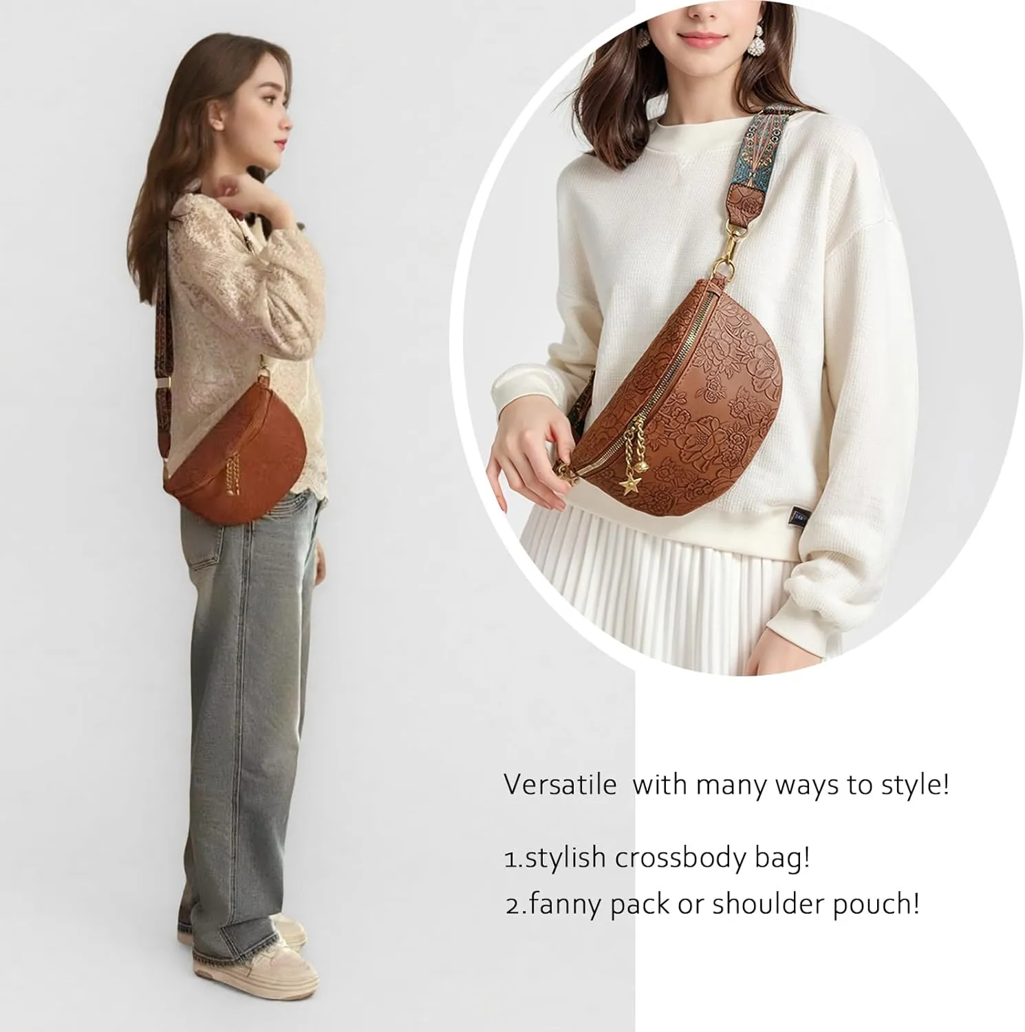 PU Leather Fanny Pack Crossbody Sling Bag for Women - Trendy Belt Bag with Adjustable Strap, Lightweight for Travel Daily Use (Embossed Brown)