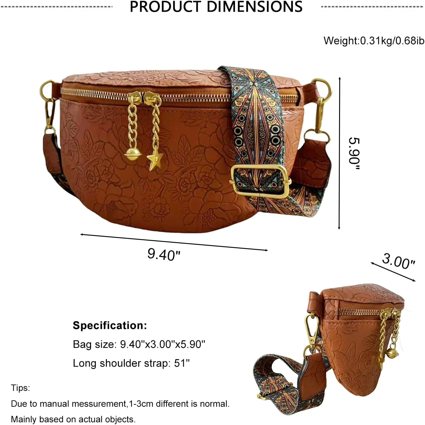 PU Leather Fanny Pack Crossbody Sling Bag for Women - Trendy Belt Bag with Adjustable Strap, Lightweight for Travel Daily Use (Embossed Brown)