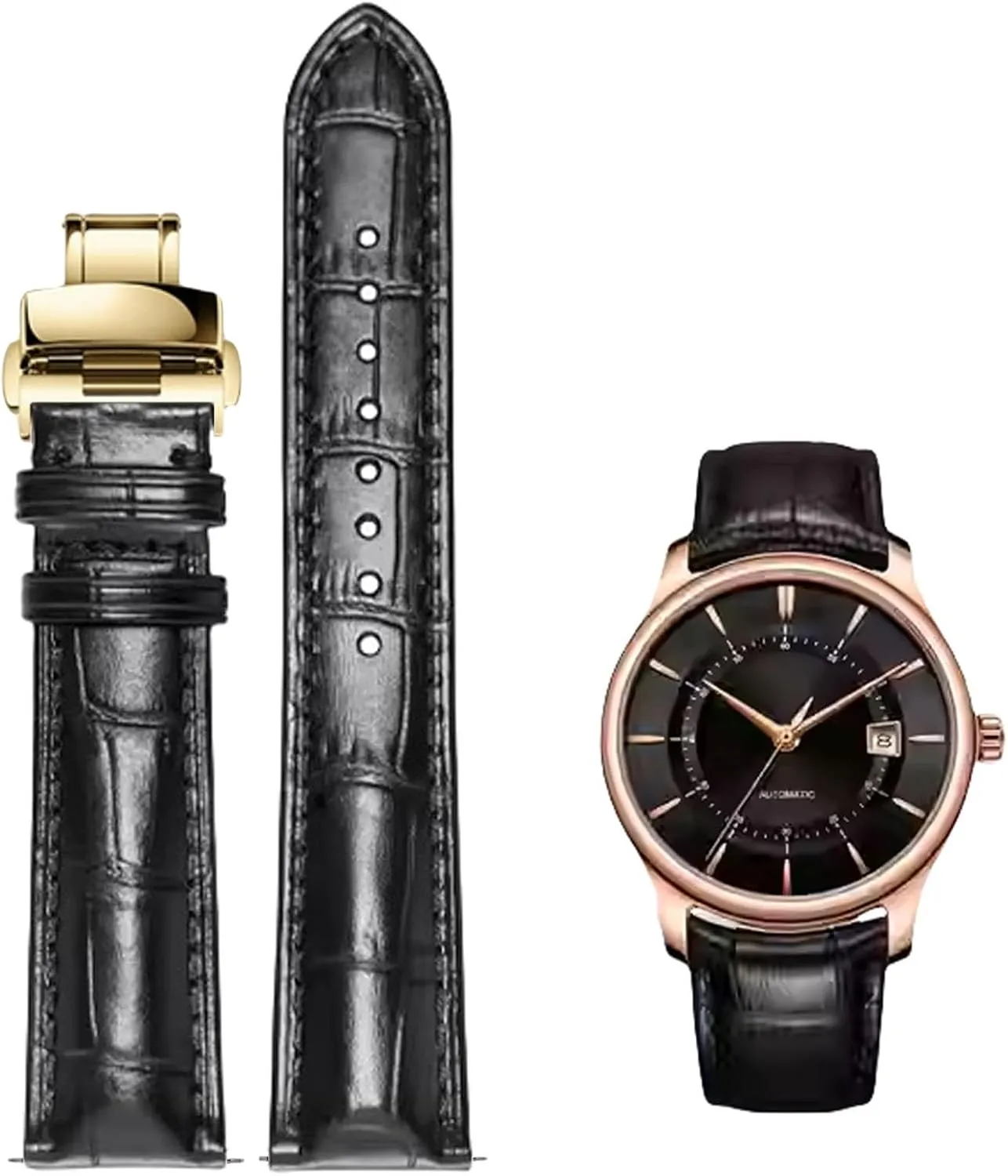 Quick Release Genuine Leather Deployment Watch Band Italian Alligator Grain Embossed Calfskin Leather 14mm to 24mm Luxury Business Casual Universal Replacement Strap Men Women