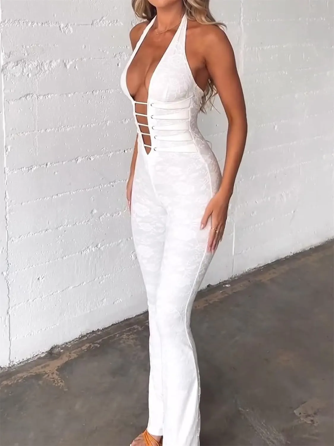 Raruxxin Women Sexy See Through Lace Jumpsuit Sleeveless Backless Cut Out Skinny Long Romper Sheer One Piece Outfit Clubwear