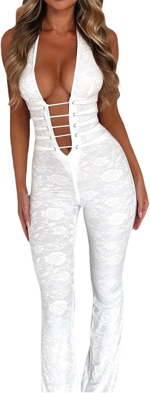 Raruxxin Women Sexy See Through Lace Jumpsuit Sleeveless Backless Cut Out Skinny Long Romper Sheer One Piece Outfit Clubwear
