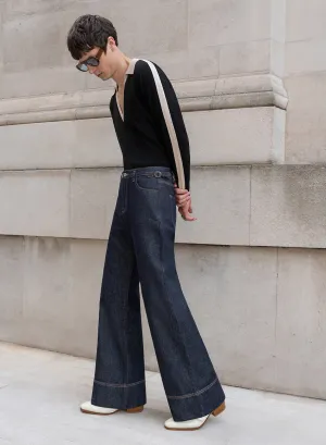 Raw Denim Indigo High Waisted Buckle Flare Jean