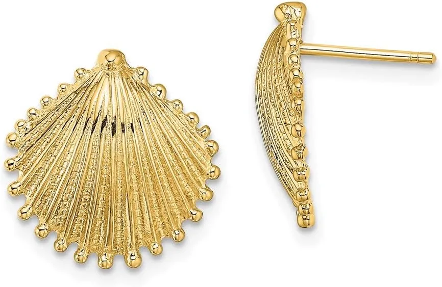 Real 10k Yellow Gold Scallop Shell Post Studs Earrings