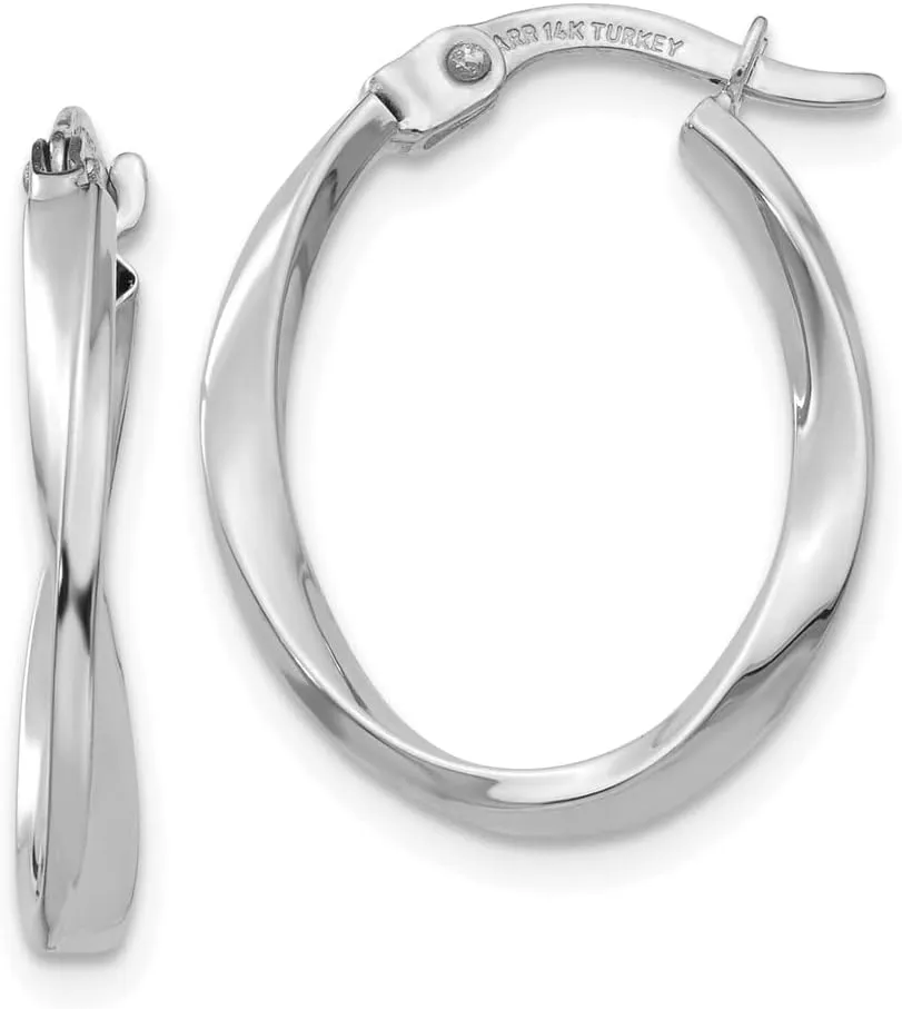 Real 14K White Gold Oval Twist Tube Hoop Earrings - 18mm x 2mm