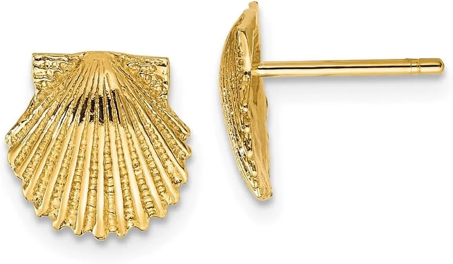 Real 14k Yellow Gold Scallop Shell Post Studs Earrings 9mm