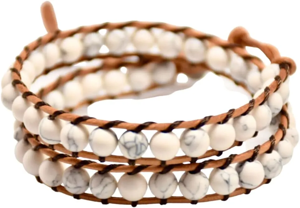 Real Stones Wrap Bracelet Handmade Woven Brown Leather Multilayer 6mm Beads Bangle Fashion Style