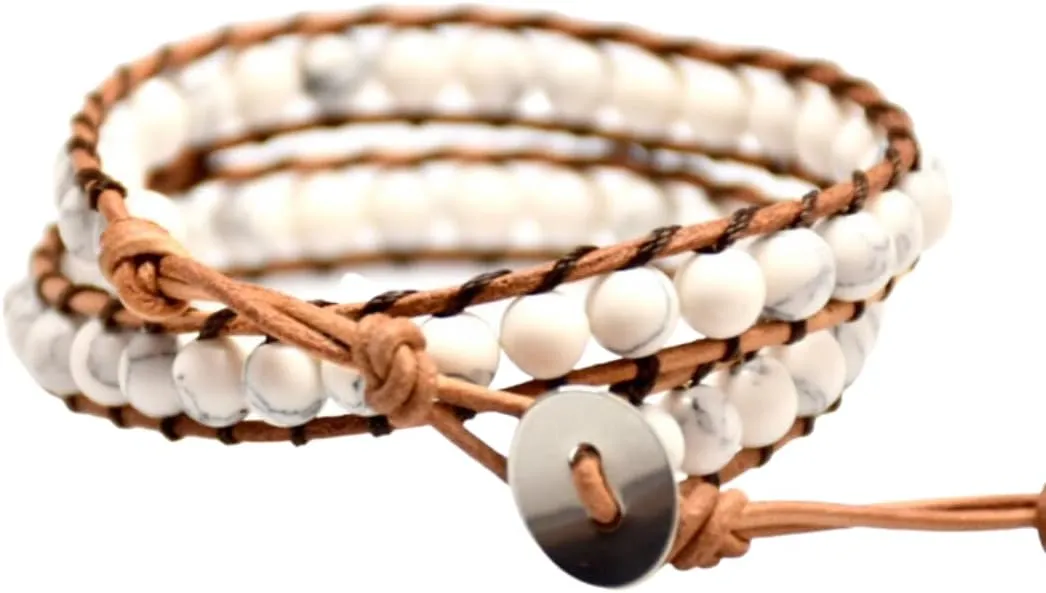 Real Stones Wrap Bracelet Handmade Woven Brown Leather Multilayer 6mm Beads Bangle Fashion Style
