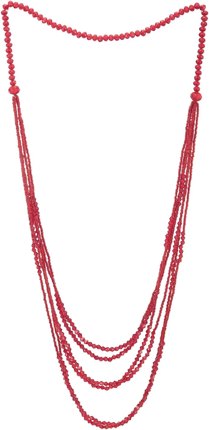 Red Beads Long Statement Necklace Multi-Strand Waterfall Chains with Crystal Beads Charms Pendant