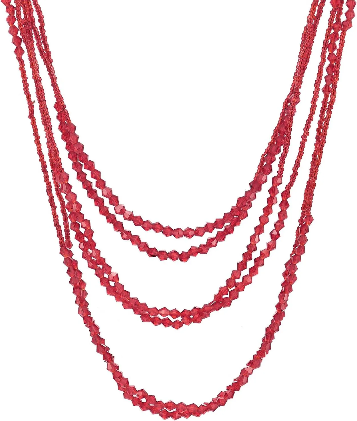 Red Beads Long Statement Necklace Multi-Strand Waterfall Chains with Crystal Beads Charms Pendant