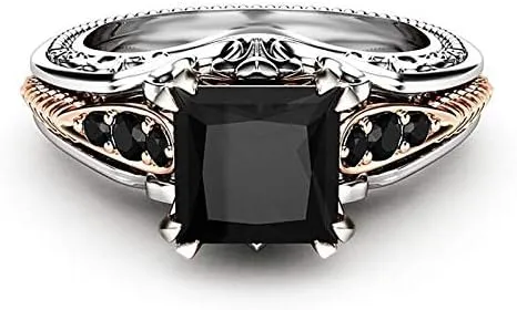 Retro Style 925 Silver Set Black Square Diamond Princess Ring Sterling Silver set gem Zircon ring Diamond ring Women's jewelry found Earrings (US Code 6)