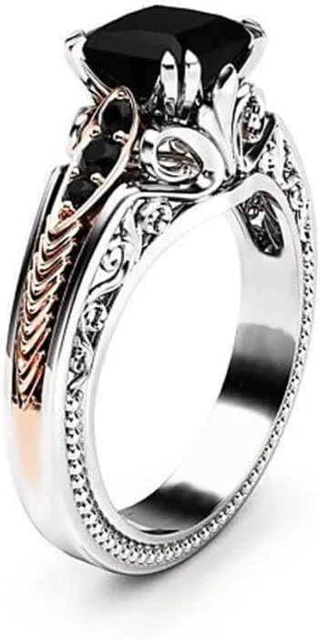 Retro Style 925 Silver Set Black Square Diamond Princess Ring Sterling Silver set gem Zircon ring Diamond ring Women's jewelry found Earrings (US Code 6)