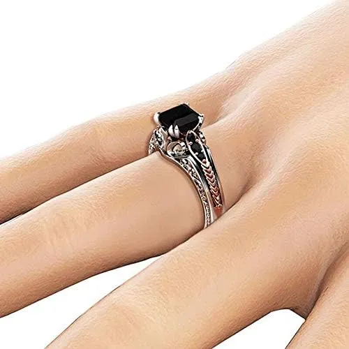 Retro Style 925 Silver Set Black Square Diamond Princess Ring Sterling Silver set gem Zircon ring Diamond ring Women's jewelry found Earrings (US Code 6)