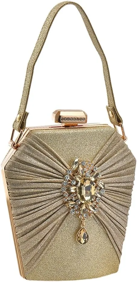 Rhinestone Brooch Clutch Purse for Women Classy Pleated Evening Bag Top Handle Purse Wedding Engagement Handbag