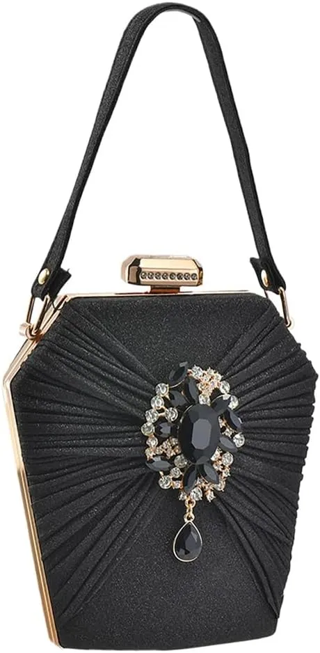 Rhinestone Brooch Clutch Purse for Women Classy Pleated Evening Bag Top Handle Purse Wedding Engagement Handbag