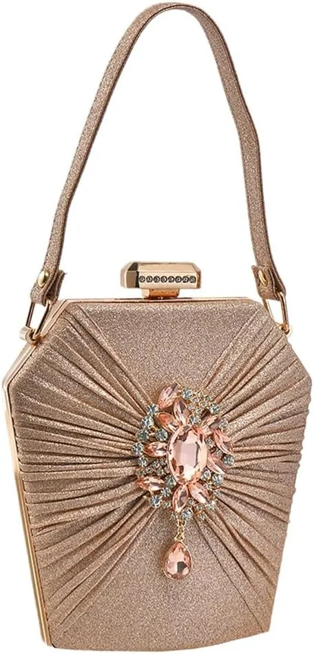 Rhinestone Brooch Clutch Purse for Women Classy Pleated Evening Bag Top Handle Purse Wedding Engagement Handbag