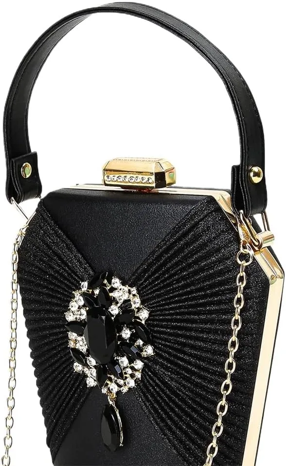 Rhinestone Brooch Clutch Purse for Women Classy Pleated Evening Bag Top Handle Purse Wedding Engagement Handbag