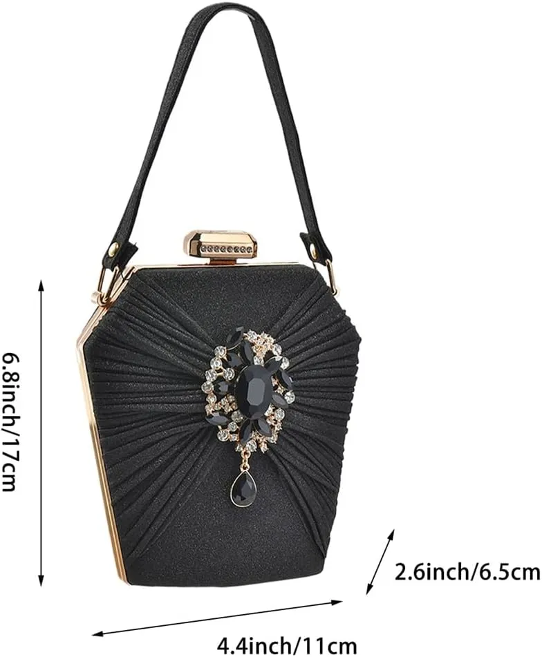 Rhinestone Brooch Clutch Purse for Women Classy Pleated Evening Bag Top Handle Purse Wedding Engagement Handbag