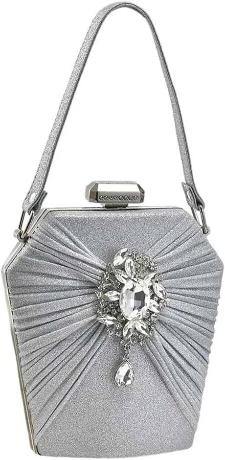 Rhinestone Brooch Clutch Purse for Women Classy Pleated Evening Bag Top Handle Purse Wedding Engagement Handbag