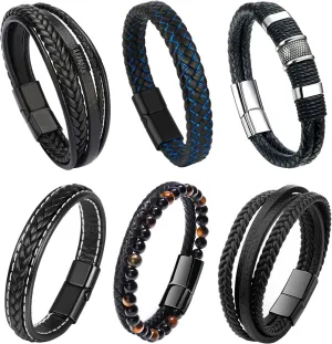 RIOSO 6 Pieces Mens Leather Bracelet Stainless Steel Multi-layer Braided Black Leather Bracelets for Men