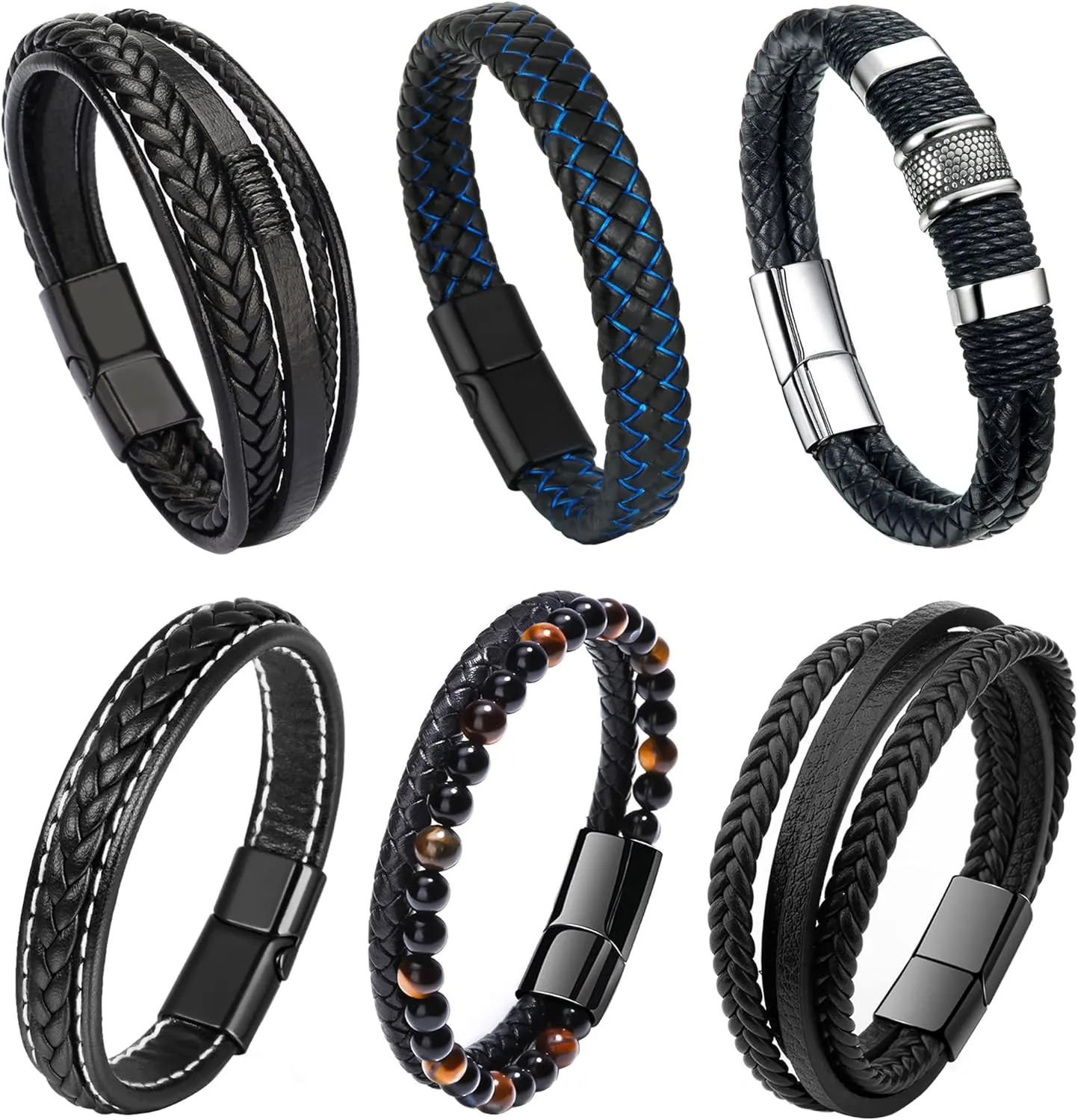 RIOSO 6 Pieces Mens Leather Bracelet Stainless Steel Multi-layer Braided Black Leather Bracelets for Men