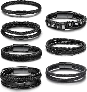 RIOSO Leather Bracelet for Men Black Braided Leather Cuff Wristband Bracelets Men's jewelry