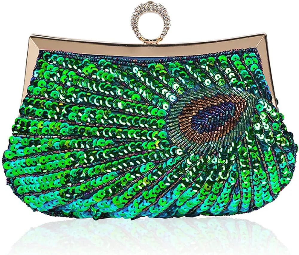 ROUROU Retro Peacock Handbag Sequin Clutch Bag Evening Shoulder Bag Wedding Crossbody Bag Prom Purse