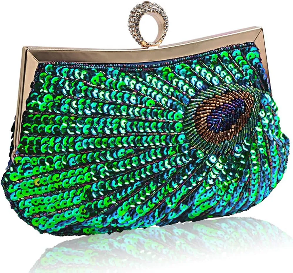 ROUROU Retro Peacock Handbag Sequin Clutch Bag Evening Shoulder Bag Wedding Crossbody Bag Prom Purse