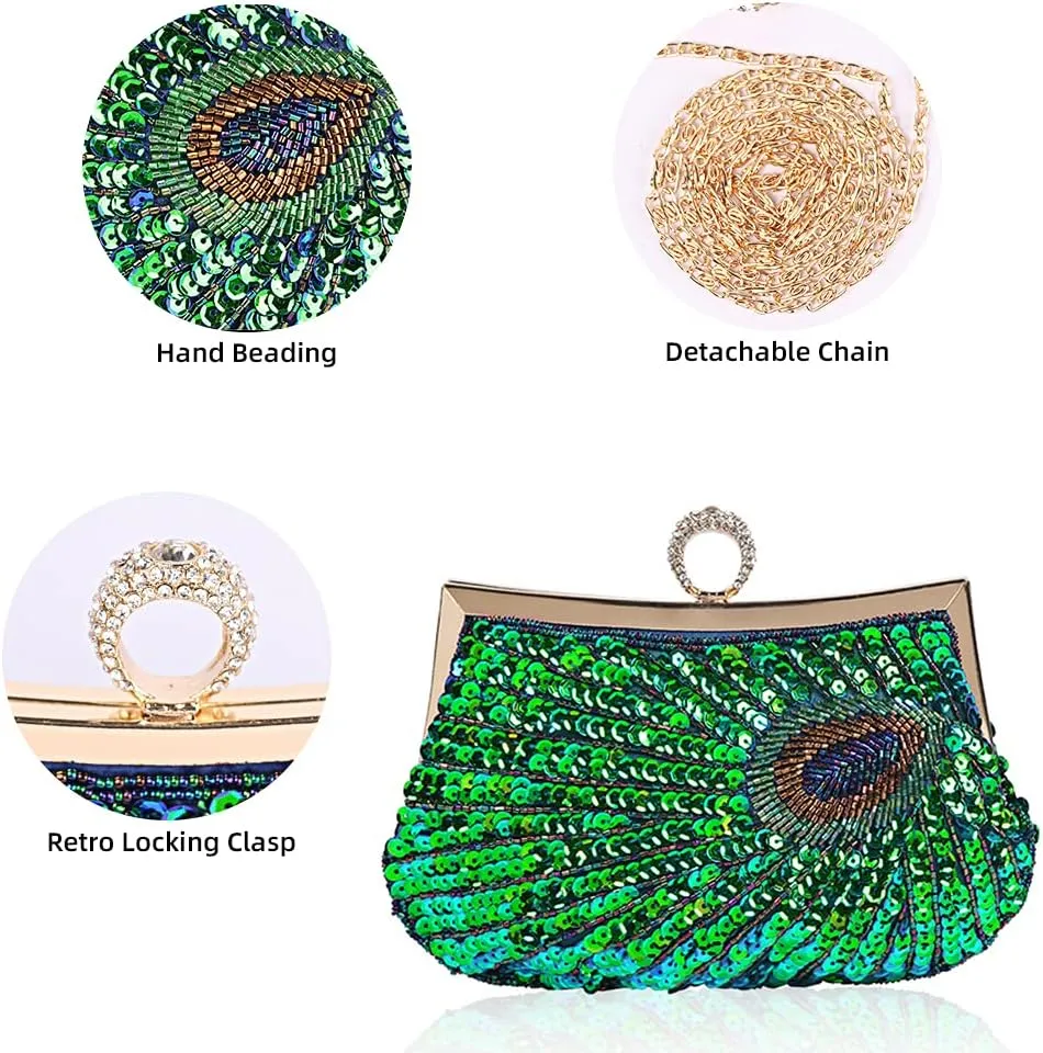 ROUROU Retro Peacock Handbag Sequin Clutch Bag Evening Shoulder Bag Wedding Crossbody Bag Prom Purse