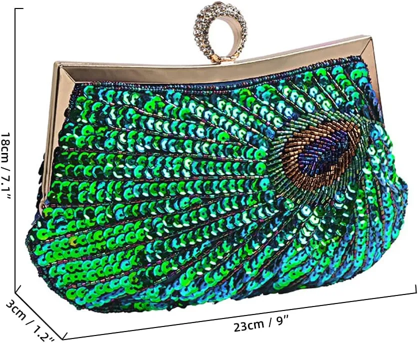 ROUROU Retro Peacock Handbag Sequin Clutch Bag Evening Shoulder Bag Wedding Crossbody Bag Prom Purse