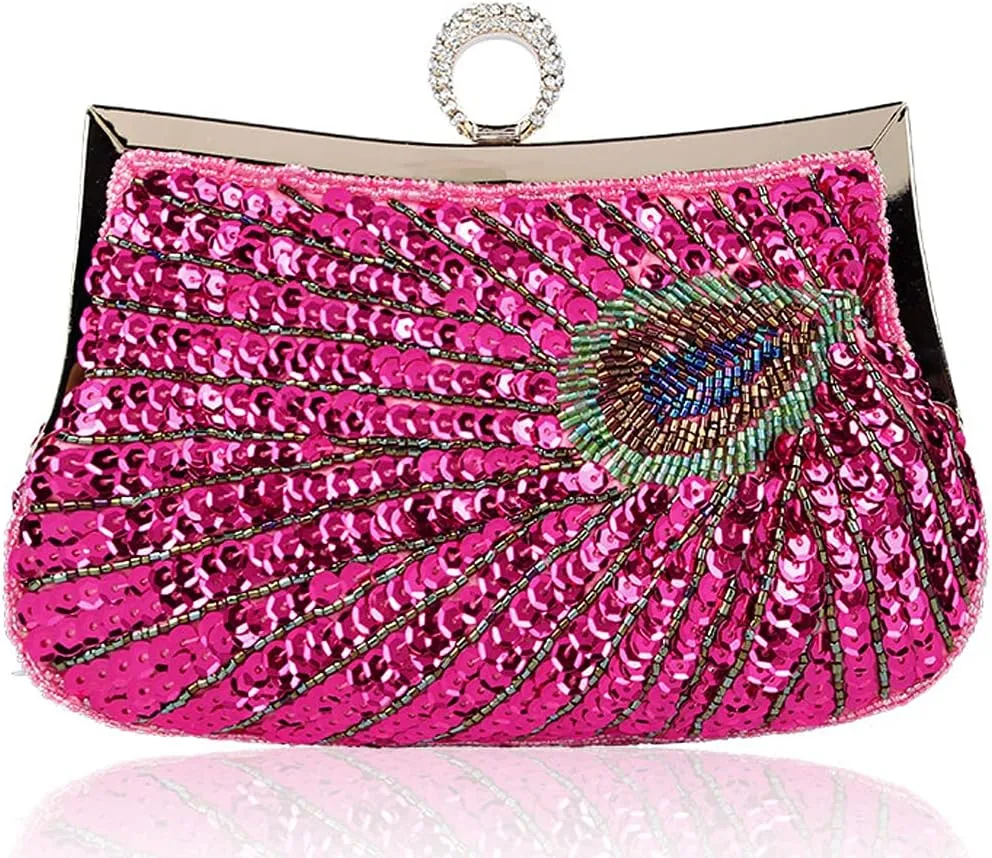 ROUROU Retro Peacock Handbag Sequin Clutch Bag Evening Shoulder Bag Wedding Crossbody Bag Prom Purse