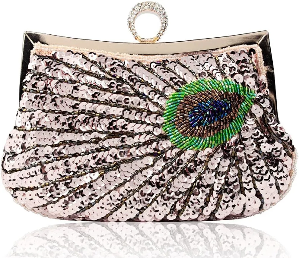 ROUROU Retro Peacock Handbag Sequin Clutch Bag Evening Shoulder Bag Wedding Crossbody Bag Prom Purse
