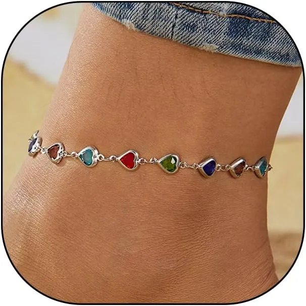 Rrdaily Muiltcolor Crystal Heart Beaded Anklets for Women,14K Gold Beach Foot Chain Jewelry Party Prom Trendy Bohemia Adjustable Jewelry Gifts